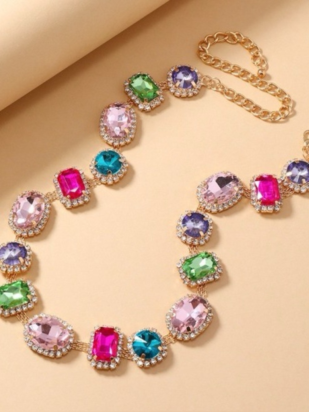 Multicolor Ab crystal evening stone gold statement rhinestone beaded necklace